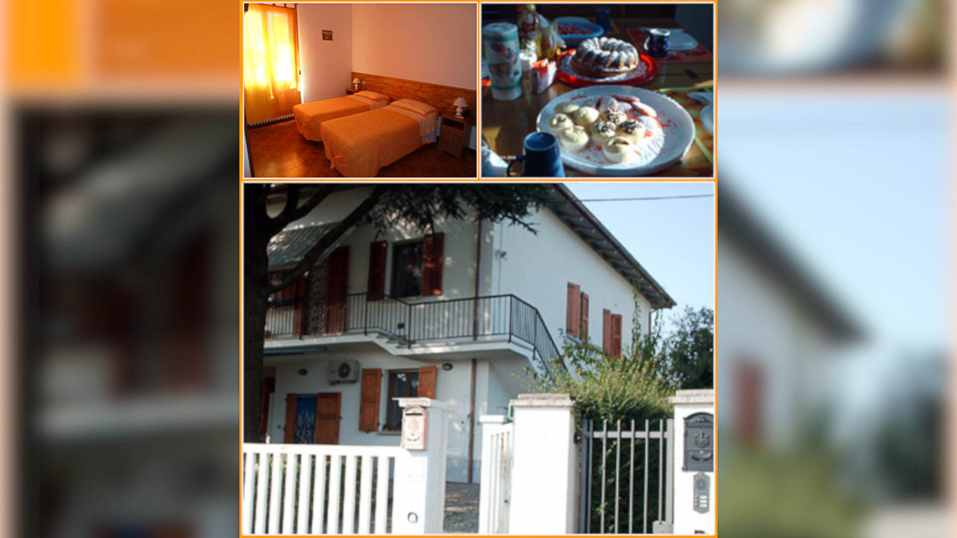 Collage di tre foto che mostrano la struttura La Bella Zola, una camera e la colazione.